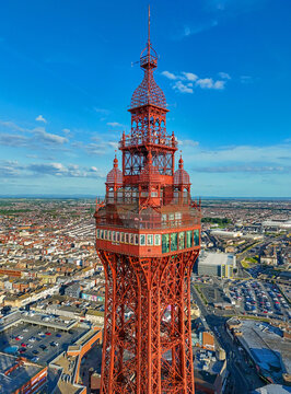Aerial Image of Blackpool Tower along the Fylde Coast, Lancashire during a lovely Summer evening on the Sea front. 28th July 2024.