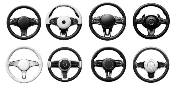 Set of different steering wheels arranged in a grid, highlighting various designs and styles commonly used in automobiles