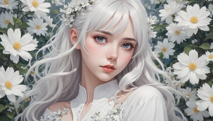 Portrait of a beautiful girl with white hair and white clothing surrounded by flowers, anime style
