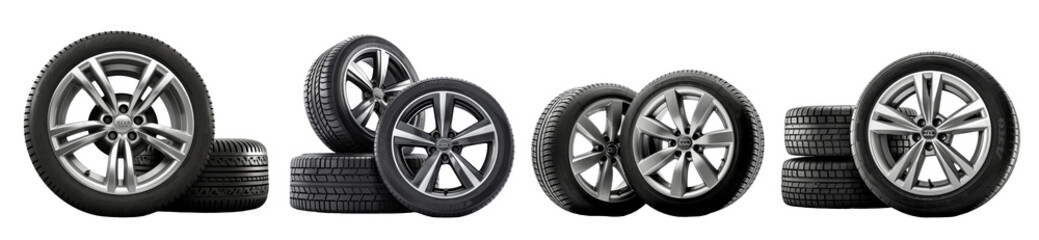 Obraz premium Several car tires are arranged artistically on a white background, showcasing various designs and tread patterns in a well-lit setting