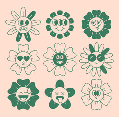 Retro flower characters set. Sticker pack in trendy retro style. Groovy daisy with emoji. Editable stroke elements. Isolated vector elements.