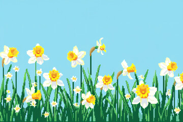 Pixel art daffodils blooming in grassy field under clear blue sky, evoking playful, happy and nostalgic gaming atmosphere. Concept of spring, childhood memories, and retro video games