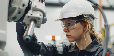A woman wearing safety goggles and a white helmet focuses intently on operating a machine in an industrial setting. Highly technical environment. Attention to detail.