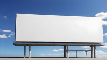 a large blank billboard on a contemporary structure, with the background being a deep blue sky.