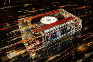 Fototapeta premium Neon retro cassette tape on digital background