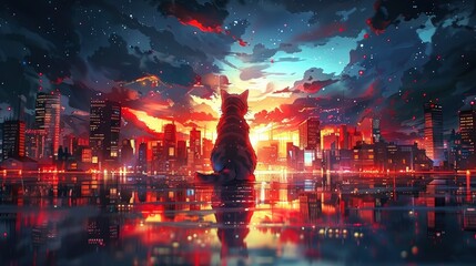 Fototapeta premium Cat Silhouetted Against Cityscape at Sunset