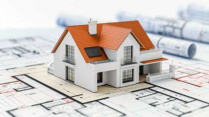 A miniature house model sits on blueprints.