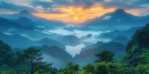 Obraz premium Sunrise Over Misty Mountains