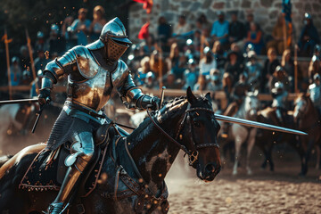 A knight in shining armor rides his horse into battle, sword raised high in the air.