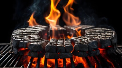 Strongly flaming charcoal Briquettes on a grill against a black background, representing the idea of a barbeque.