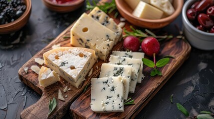Delicious assorted cheeses on a wooden board with fruits and herbs, showcasing gourmet and artisanal selection in rustic style setting.