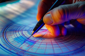 A detailed technical diagram is being meticulously drawn by hand using a pen, signifying precision and planning.