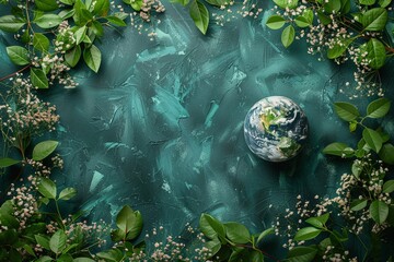 Earth with green technology and renewable energy symbols minimal icon flat green background illustration space for Ad