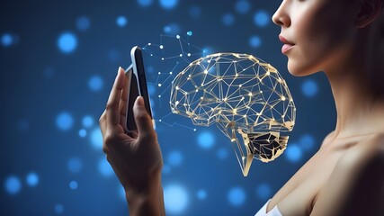 Close-up of a woman's hand holding a tablet against a blue background, displaying a polygonal head outline and brain. Machine learning, innovation, and artificial intelligence