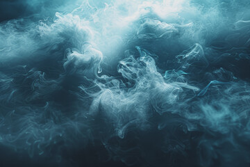 Dynamic smoke clouds are illuminated by a neon turquoise texture. like an underwater scene.