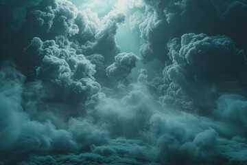 Dynamic smoke clouds are illuminated by a neon turquoise texture. like an underwater scene.