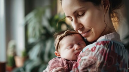 Fototapeta premium A woman is holding a sleeping baby in her arms
