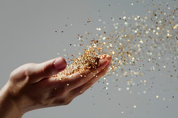 A hand sprinkles gold glitter against a gray backdrop, creating a magical and festive atmosphere.