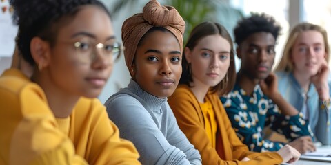 Obraz premium Serious african american girl looking at camera while sitting at table in classroom. Multiethnic group of people listening to lecture. Education concept