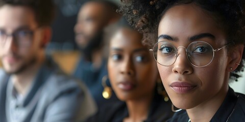 Obraz premium Portrait of young african american businesswoman in eyeglasses looking at camera. Group of diverse businesspeople working in modern office. Teamwork concept