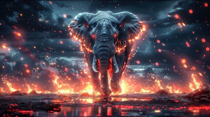 Fiery Elephant Walking Through a Blazing Landscape