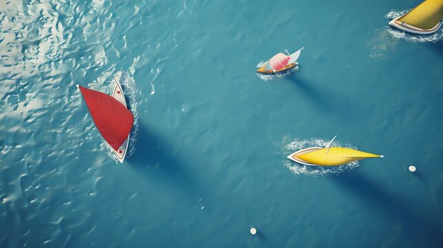 Aerial shot of a sailing competition, with boats maneuvering through the course.