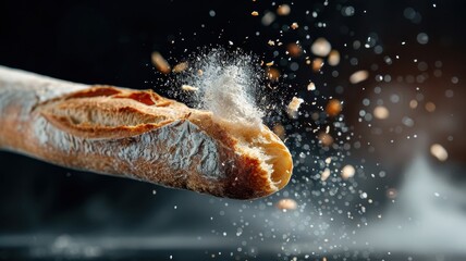 A photorealistic image of a baguette being torn open, revealing its airy crumb.