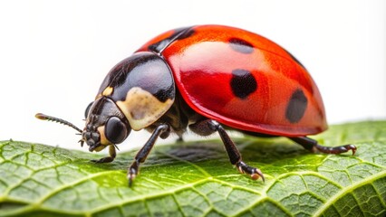 Fototapeta premium Isolated ladybug insect with shiny red and black shell, tiny wings and antennae, perched on a delicate leaf, against a transparent background.