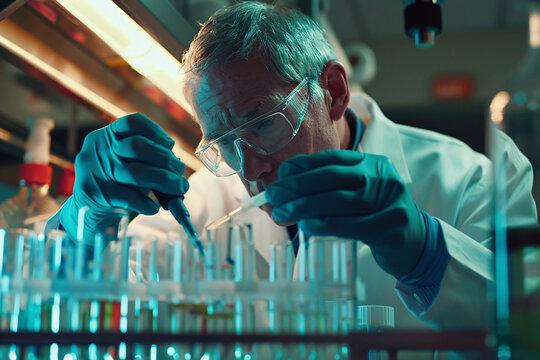 A scientist in a lab coat and safety goggles carefully works with test tubes, his focused expression highlighting the importance of his work.