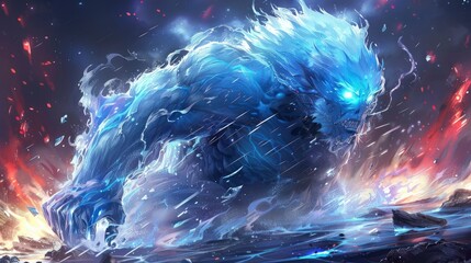 Fiery Blue Beast Emerging from the Water
