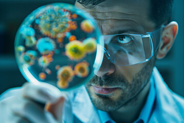 A scientist examines a petri dish filled with colorful bacteria through a magnifying glass.