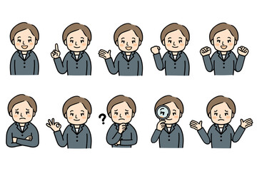 スーツを着た中年女性の上半身のポーズセット