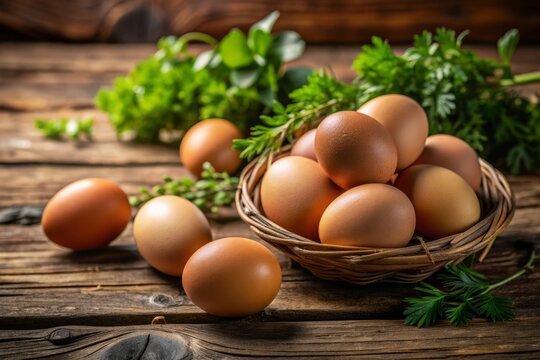 Freshly arranged brown eggs on a rustic wooden table, surrounded by greenery, symbolizing nutritious breakfast and healthy eating on National Egg Day celebration. - Powered by Adobe