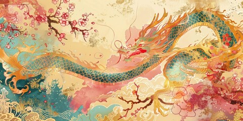 Gold dragon amidst peach blossoms and clouds.