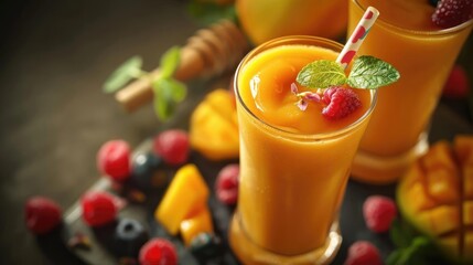 Fototapeta premium Refreshing mango smoothie with raspberries and mint garnish, surrounded by fresh fruit, served in a tall glass with a colorful straw.