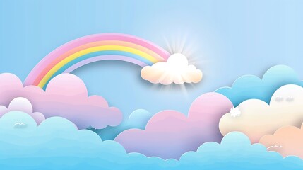 An early morning sky in paper cut style, featuring pastel-colored clouds and a gentle rainbow appearing amidst the soft hues of dawn, ideal for peaceful morning greetings.