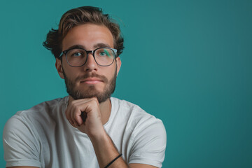 Fototapeta premium A professional man developing marketing campaigns with innovation against a solid teal background