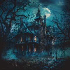 A haunted house stands eerily in a dark forest on a spooky Halloween night.