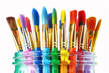 A collection of colorful paint brushes in a glass jar, ready for artistic creation.