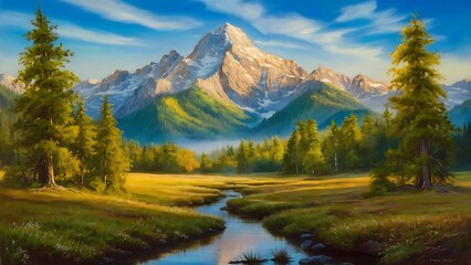 Landscape wallpaper design, oil painting, mountain and trees, mural art