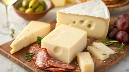 A delectable cheese platter featuring a variety of cheeses, salami, grapes, and olives, perfect for a gourmet spread. - Powered by Adobe