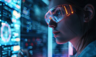 A close-up, realistic portrait of a scientist in a high-tech lab, surrounded by holographic data screens, working on a new form of sustainable energy