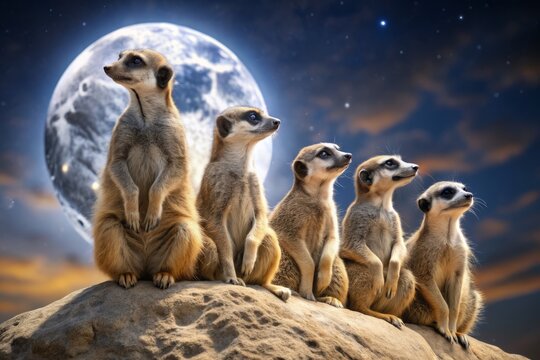 A curious group of meerkats perch on a rocky outcropping, gazing up at a brilliant full moon suspended in a star-studded night sky.