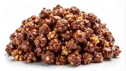 Obraz premium Rich, velvety chocolate-covered popcorn pieces overflow from a heap, scattered on a clean white background with subtle popcorn texture, perfect for adding your message.