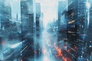 Futuristic city with blurry moving glass buildings and skyscrapers. Use a white and blue theme.