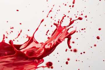 A vibrant red paint splash against a white background creates a dynamic and energetic visual.
