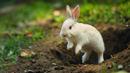 Fototapeta premium Cute little rabbit or bunny with white fur and big ears hooping, jumping out of a dug hole in the ground in natural setting, forest or meadow, domestic pet animal in the wilderness