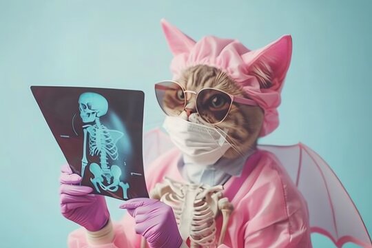 A cat nurse in a bat costume, holding an x-ray of a spooky skeleton.