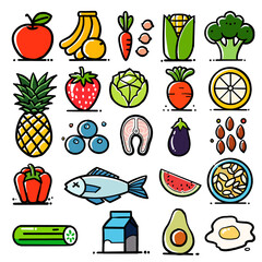 Hand-drawn Healthy Foods Icons on Transparent Background