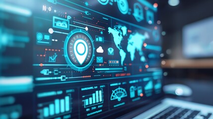 Obraz premium Futuristic data dashboard with graphs and maps, visualizing analytics and performance metrics for technology and business solutions.